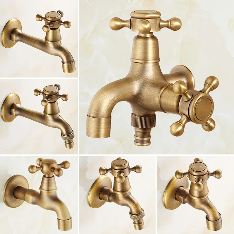 

Wall Mount Bibcock Antique Brass Retro Small Pool Tap Decorative Outdoor Garden Faucet Washing Machine Mop Cold Water WC Taps