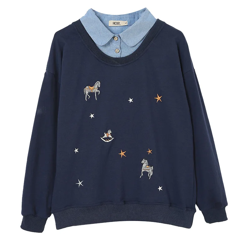 

Embroidered fake two pieces shirts for women's loose Korean spring new Pullover long sleeve top hoodies 81% coton size M L XL