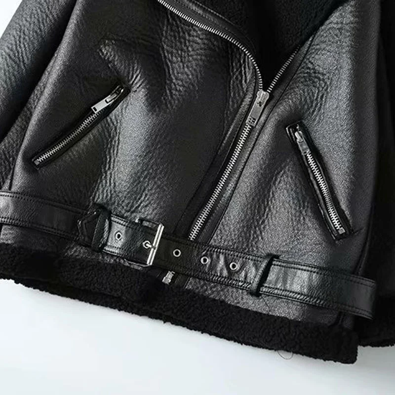 

Fur Long Sleeved Loose Belt Warm Women's Jacket Lamb Wool Winter Thickened Locomotive Lapel Female Coat Beige Black Chic PU Tops