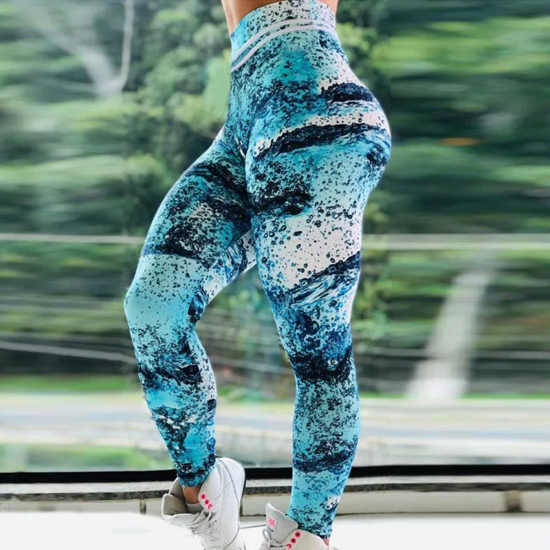 

Ousefu Blue Wave Printing Hip Lifting High Waist Tight Quick Dry Sports Yoga Fitness Training Pants For Women's Push Up Leggings