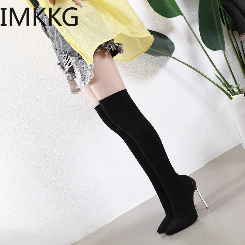 Сапоги выше колена на ультратонком каблуке 12 см с острым носком | Обувь