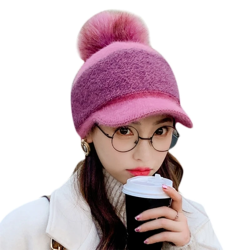 Women Winter Thick Warm Fuzzy Knit Beanie Cap with Visor Bill Cute Pompom Cold Weather Windproof Skullies Baseball Cap