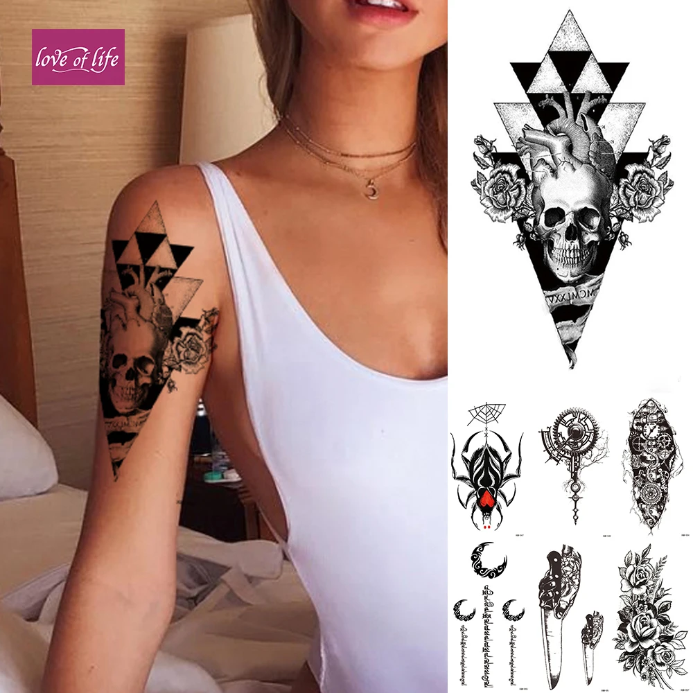 1 лист водонепроницаемый временный стикер татуировки Треугольник Сердце Череп