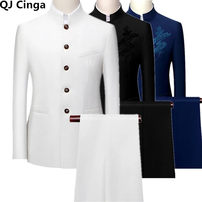 

Black Single Breasted Stand Up Collar Suit 2 Piece Set Men Business Wedding Slim Fit Blazer Coat Pants Vest Red Blue Dress Suits