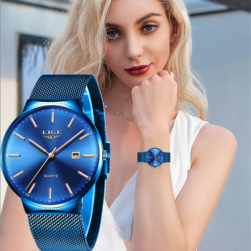

Часы наручные LIGE женские кварцевые, Модные Роскошные ультратонкие, со стальным сетчатым браслетом, повседневные водонепроницаемые