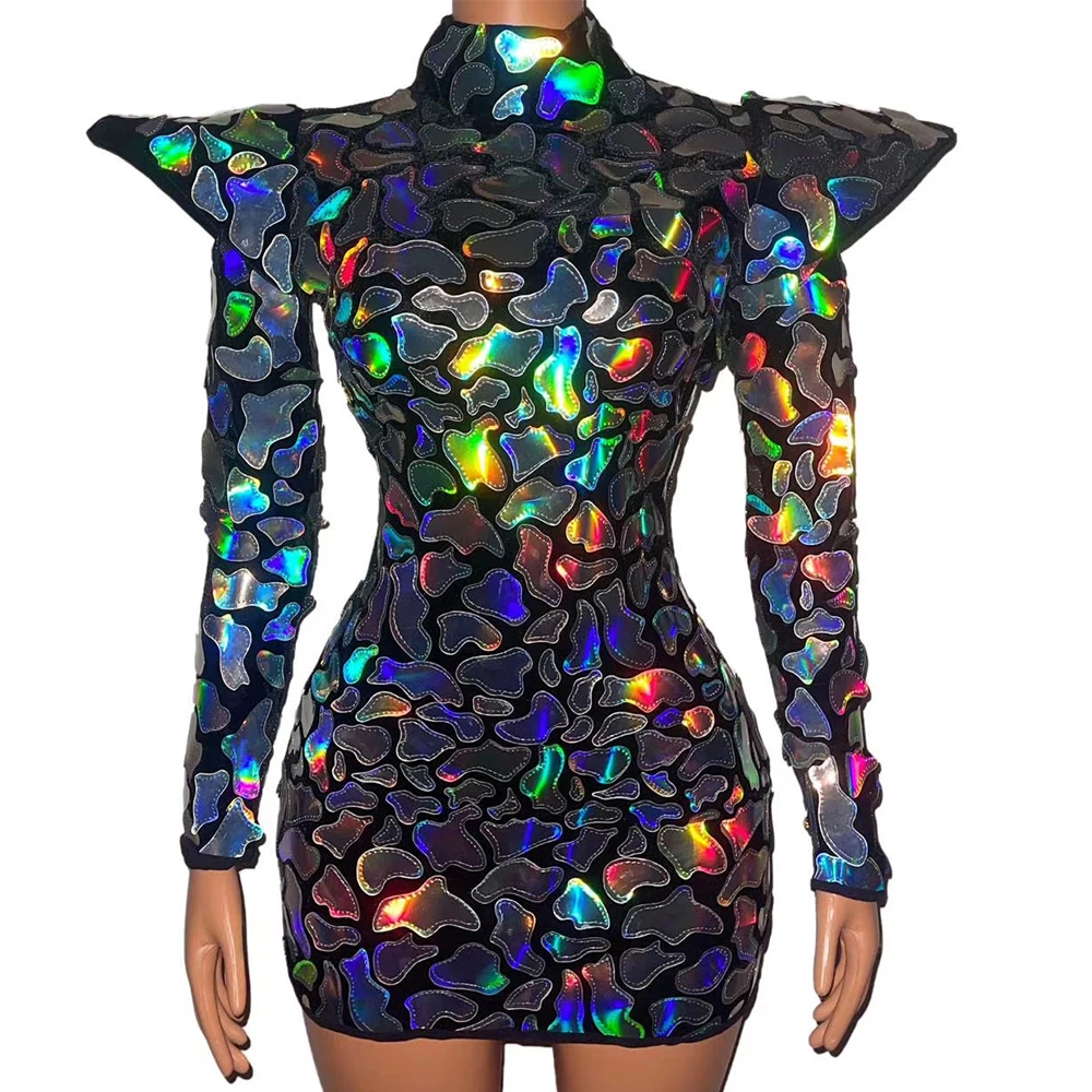 

Sparkly Sequins Stitching Longsleeve Party Dress Half High Collar Women Bodycon Dresses DJ Singer Stage Wear Nightclub Outfit
