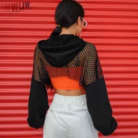 black hoodies for women sexy fashion hollow out crop tops mesh patchwork short sweatshirt long sleeve autumn tops and pullovers