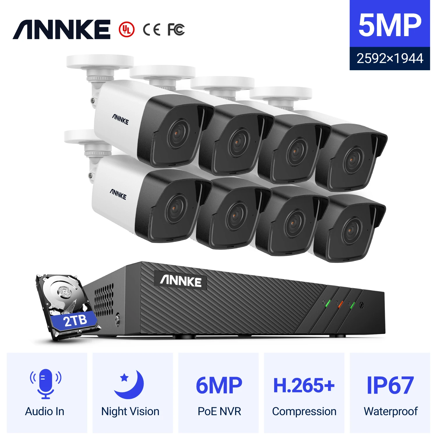 Сетевая система видеонаблюдения ANNKE 5 МП H.265 + Super HD PoE объектив 2 8 мм IP67 наружная
