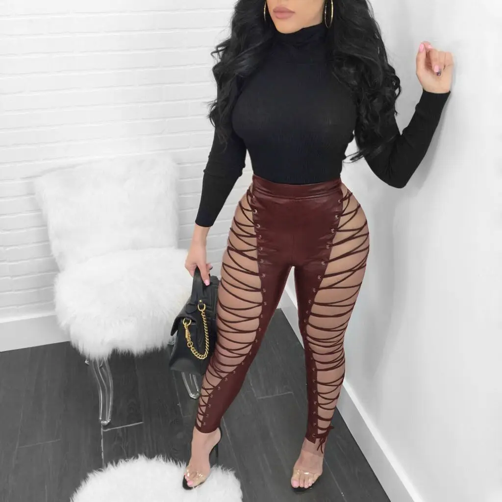 Женские сексуальные длинные брюки Adogirl из искусственной кожи с завязками высокой