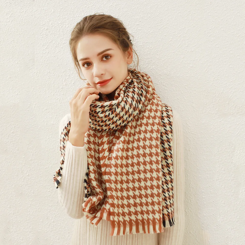 

JTVOVO 2021 New 70x180CM Imitation Cashmere Winter Houndstooth Women's Warm And Windproof Scarf Contrast Shawl Scarves Pashmina