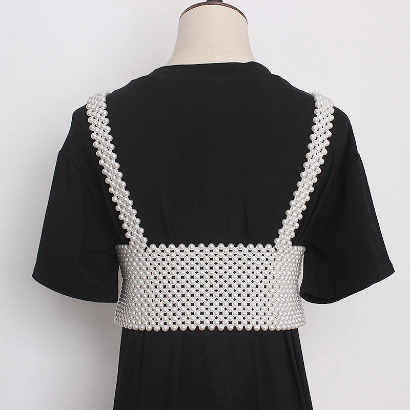 Women's Runway Fashion Pearl Knitted Vest Elastic Cummerbunds Female Dress Corsets Waistband Belts Decoration Wide Belt TB1658