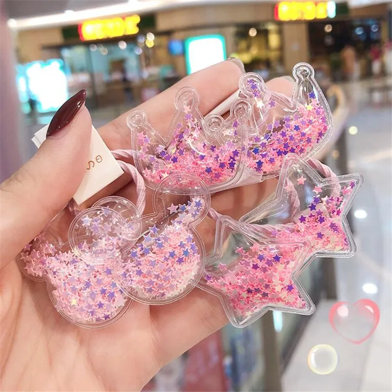 New Cute Crown Star Quicksand Scrunchies Children Girls Kids Elastic Hair Rubber Band Accessories Tie Hair Ring Rope Holder