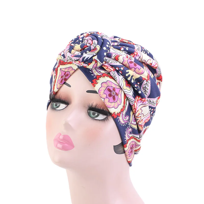 

2020 Fashion Swirl flower headband hat Boho print ethnic hat cotton Muslim hat women donut turban caps africain femme turbante