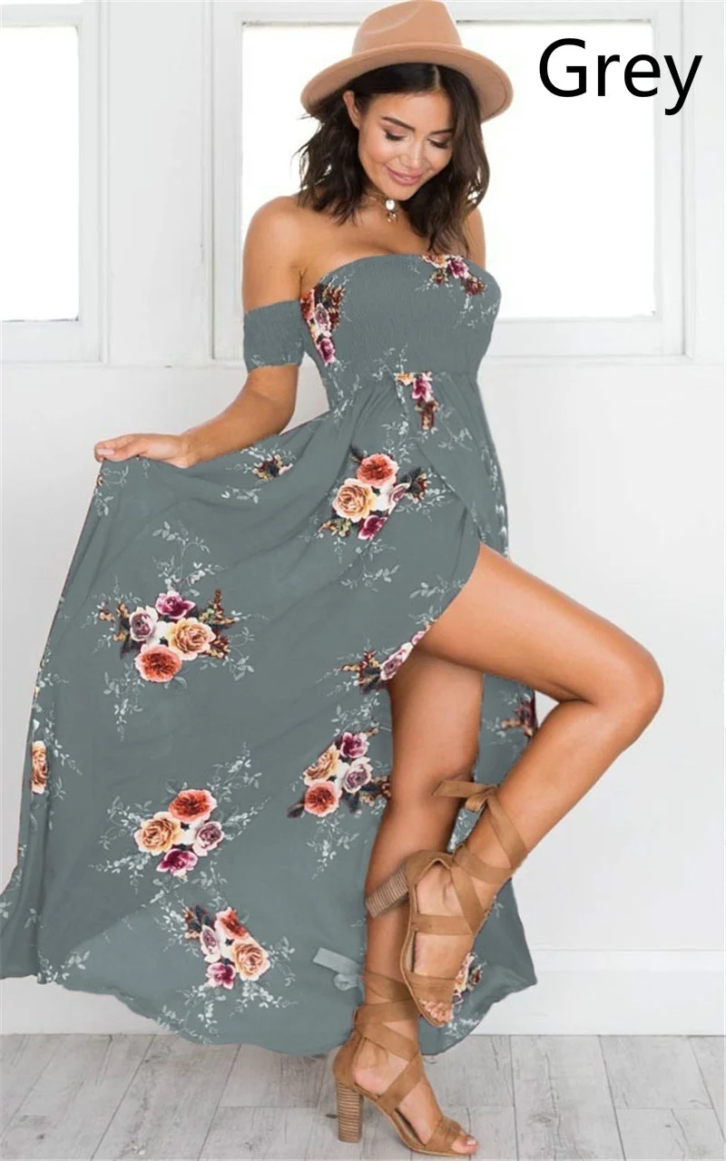 XS-5XL женские летние платья с коротким рукавом с открытыми плечами женский жилет с цветочным узором праздничное пляжное длинное платье - Цвет: Серый