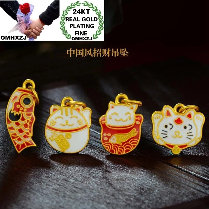 OMHXZJ Wholesale CA511 European Fashion Fine Woman Man Party Birthday Wedding Gift Vintage Fortune Cat 24KT Gold Pendant Charm