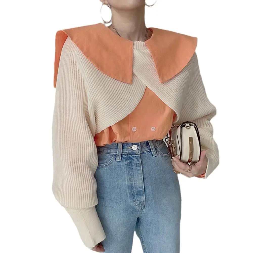 

Autumn Cropped Sweater Women Korean All-match Split Smock Pullover Collar Irregular Fashion Big Knitted Turn-down X3X6