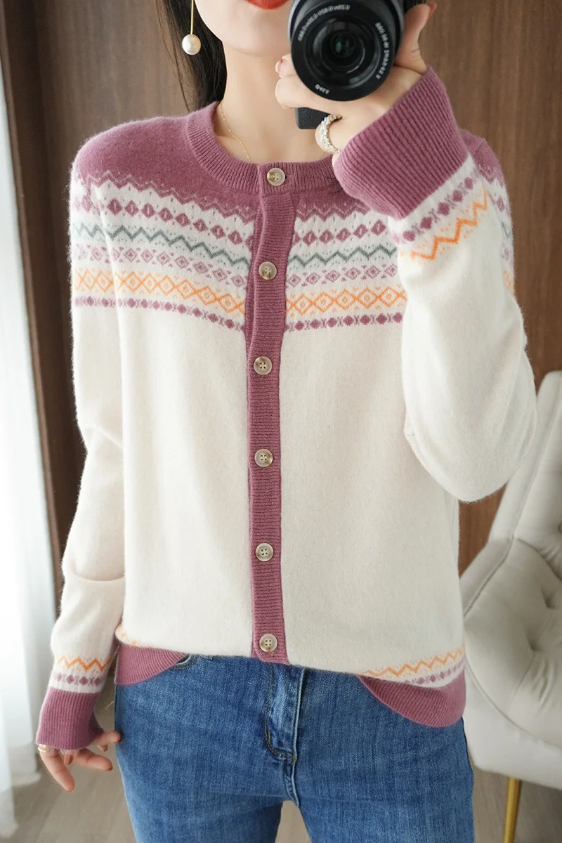 

Autumn Winter Women Sweaters Casual Round Collar Long Sleeve Coat 100% Wool Knitted Female Cardigan Tops Clothing Jumper Outwear