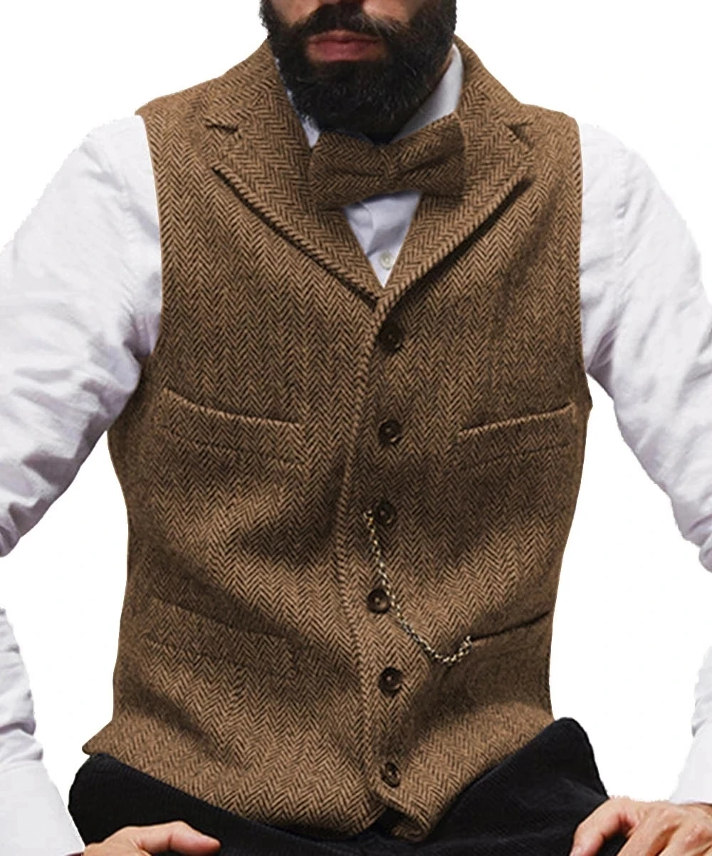 

Мужской твидовый жилет в полоску, коричневый приталенный пиджак в стиле стимпанк с вырезом лодочкой и отложным воротником, одежда для свадь...