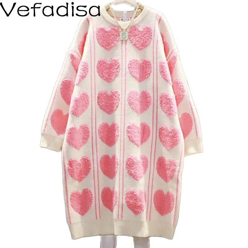 

Vefadisa Love Print Contrast Color Knitted Dress 2022 Spring New Loose Mid-length Round Neck Sweater Dress TT702