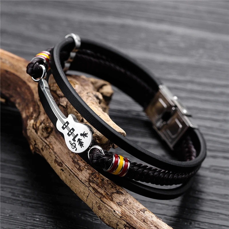 

Korean Version Retro Bracelets For Men Pu Leather Black 22Cm Fashion Trend Stainless Steel Mini Guitar Gift Boyfriend Jewelry