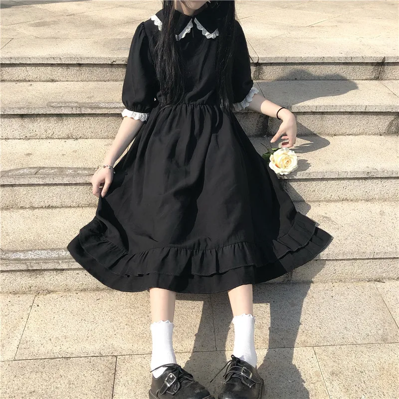 

2020 New Lolita OP Dress Summer Japanese Soft Girl Black Student Peter Pan Collar Dress Cos Retro Gothic Loli Vestidos