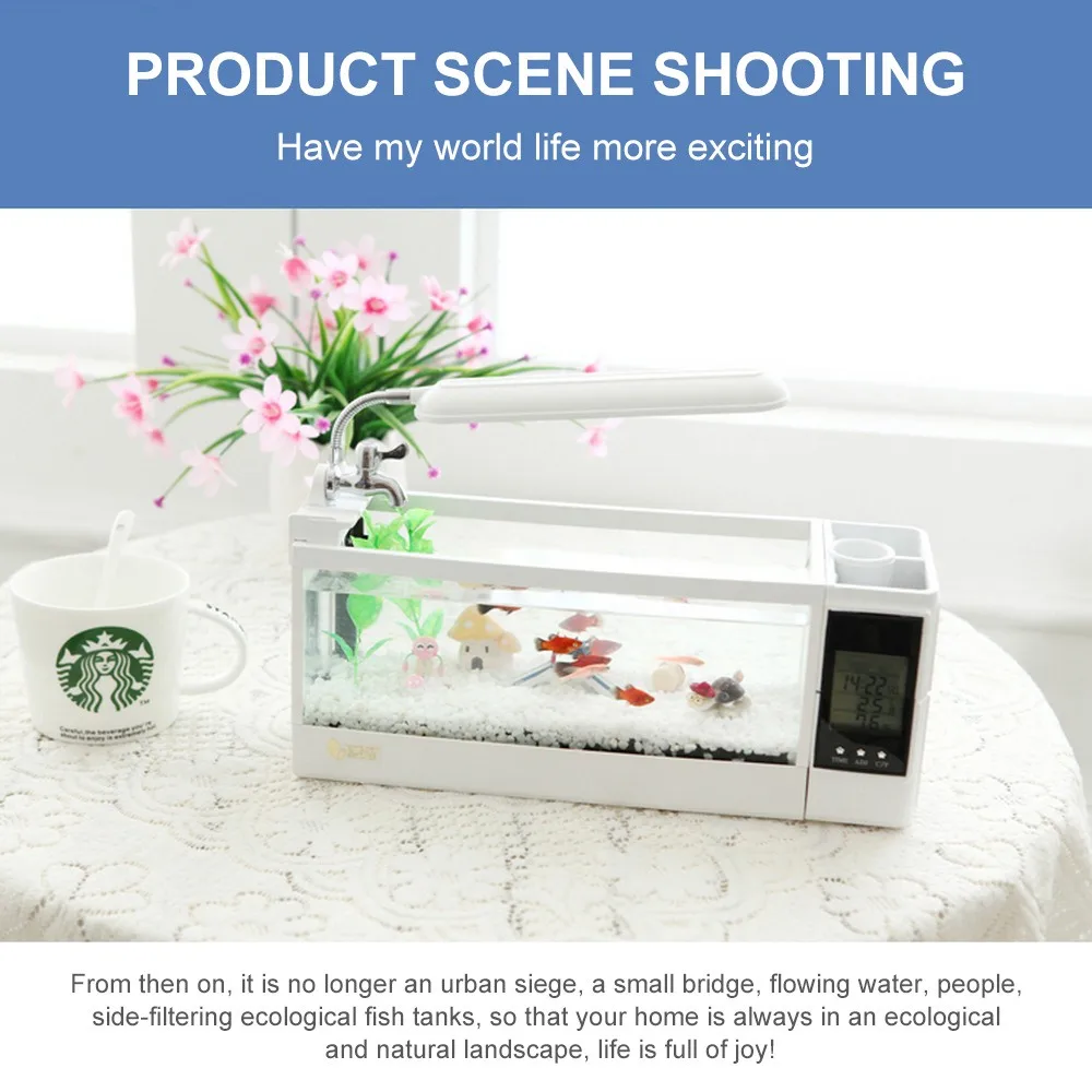 

1.5l-2.5l LED Desktop Fish Tank Aquarium Fish Tank Desktop Creative Art Mini Aquarium Landscape Fish Tank with Alarm Clock Timer