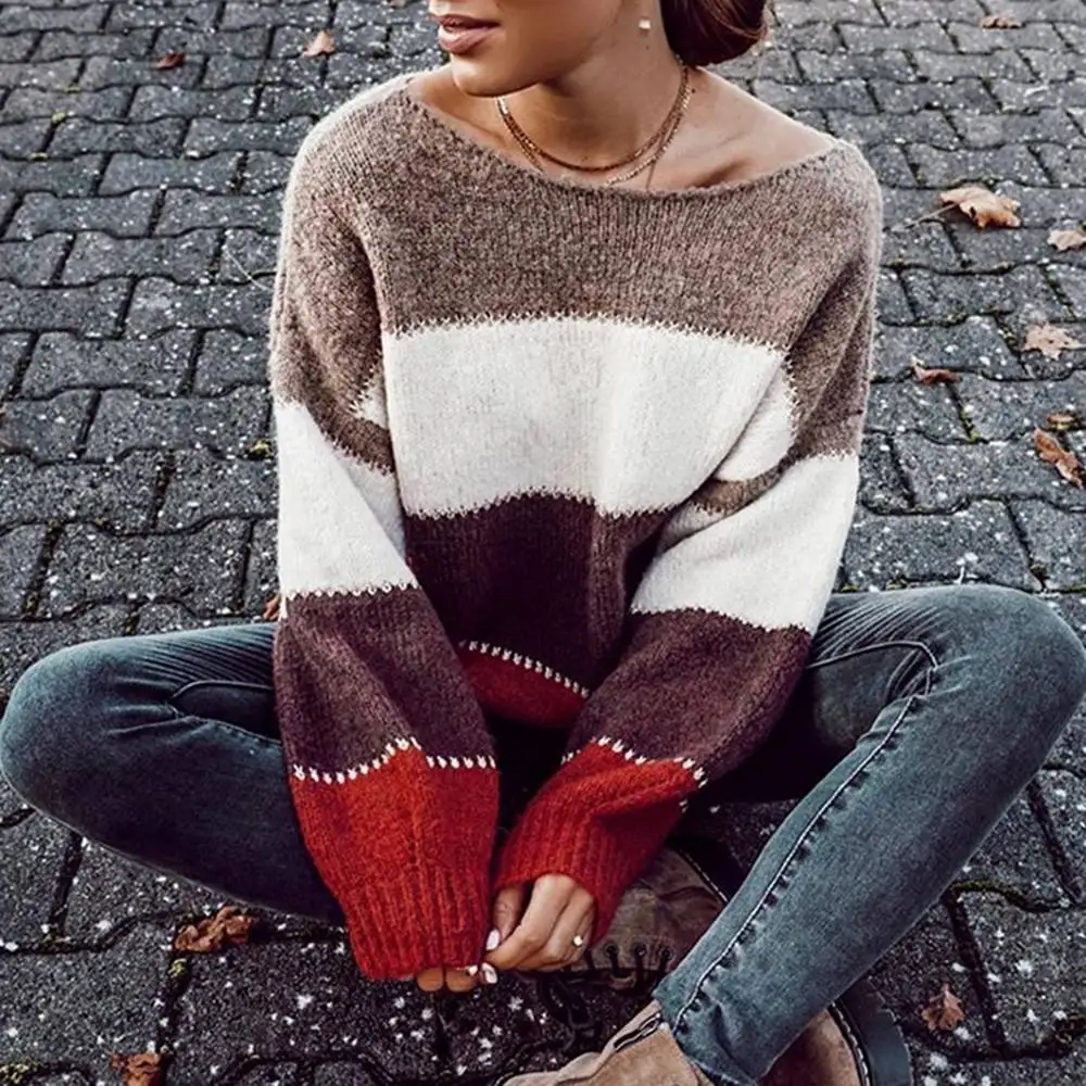 

Women Striped Sweater Loose Knit Pullover Patchwork Pull Femme Jersey Mujer Autumn Winter O Neck Long Sleeve Sweater