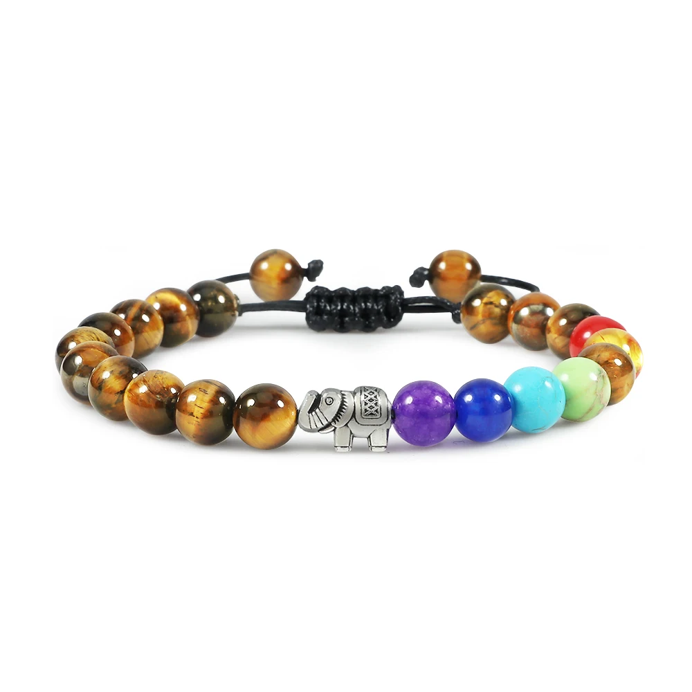 

Men Bracelets Reiki 7 Chakra Healing Beads Bracelet Natural Black Lava Tiger Eye Stone Stretch Women Charm Elephant Mala Bangles