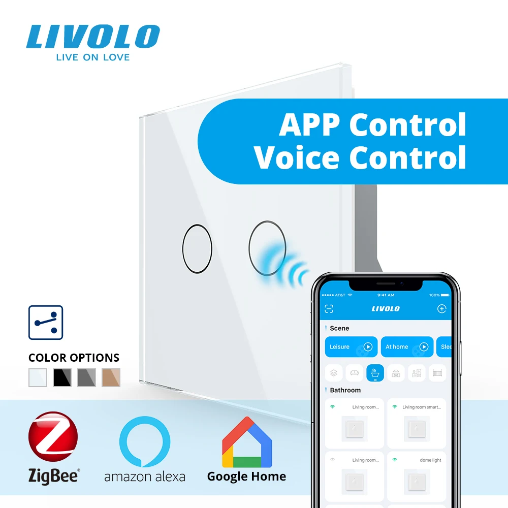 

LIVOLO EU Standard Smart ZigBee Wall Light Touch Switch,2 Gang 2 Way Cross Wireless Control for Google Home Alexa Echo Device