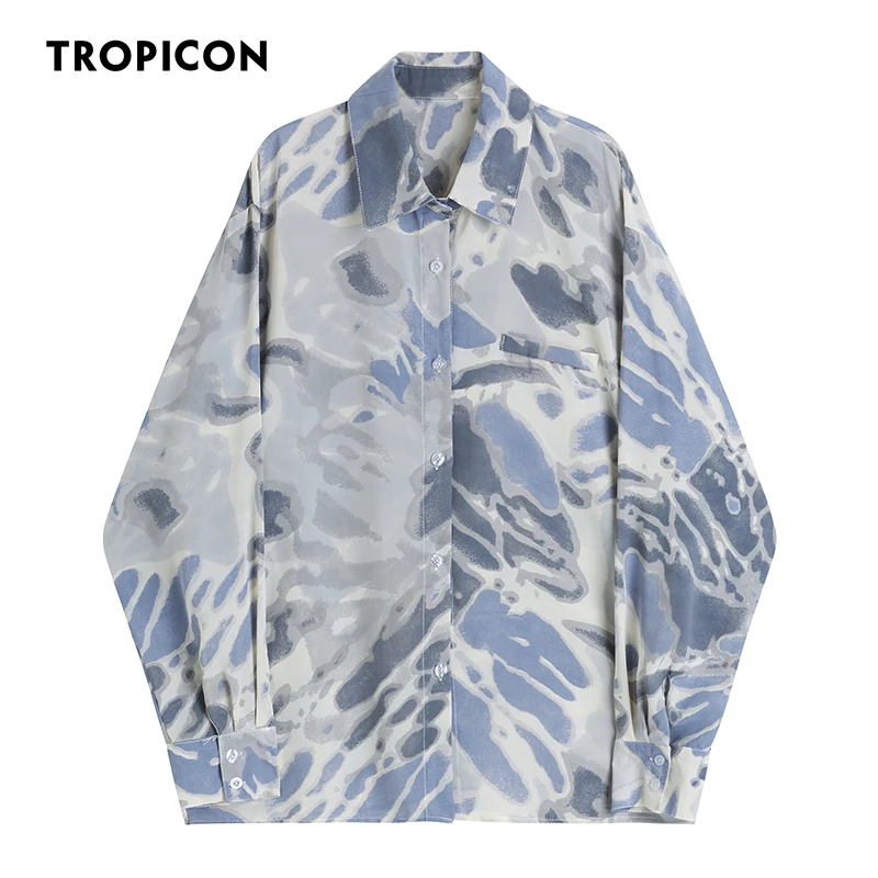 

TROPICON Splash-Ink Designer Shirt For Women Fashion Grayish Blue Long Sleeve Tops And Blouses Collared Aesthetic Shirt Clothing