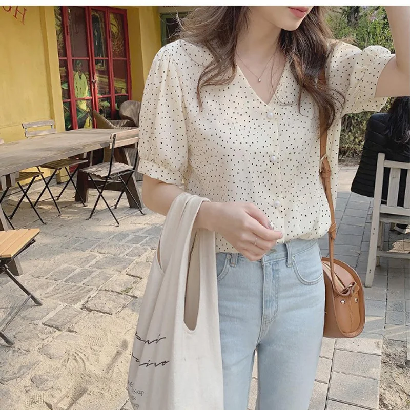 Новая летняя рубашка в горошек женская блузка большого размера с коротким