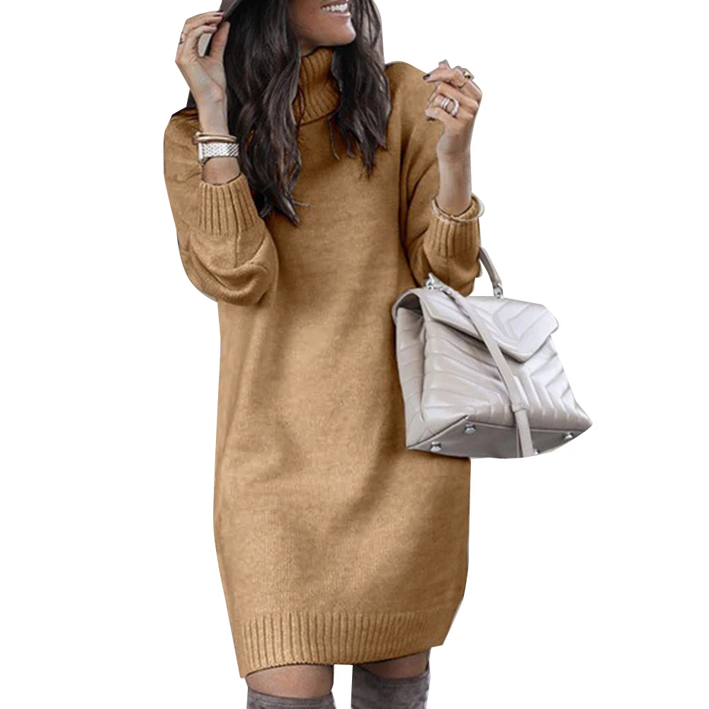 Oversized Sweater Dresses Women Elegant Autumn Winter Dress Turtleneck Long Sleeve Warm Loose Knitted Knee-length | Женская одежда