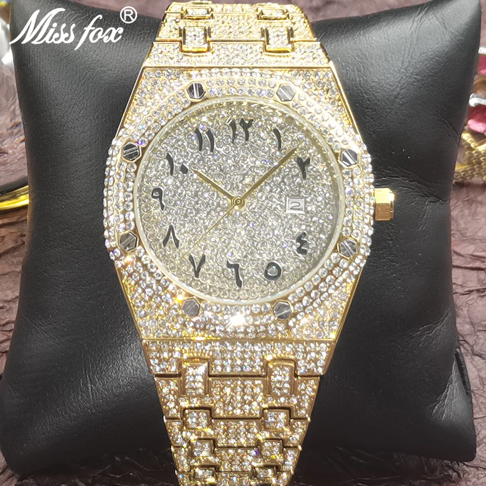 

Gold Top Brand Hip Hop MISSFOX Men Watches Full Diamond Bracelet Quartz Watch Special Arabic Numbers Luxury Waterproof AAA Clock