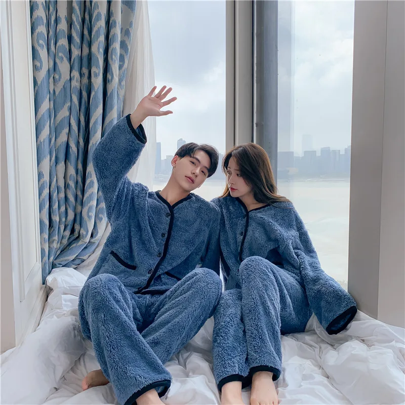 

Winter Women Men Leisure Blue Flannel Pajamas Long Sleeve Trousers Warm Soft Home Wear Nightwear