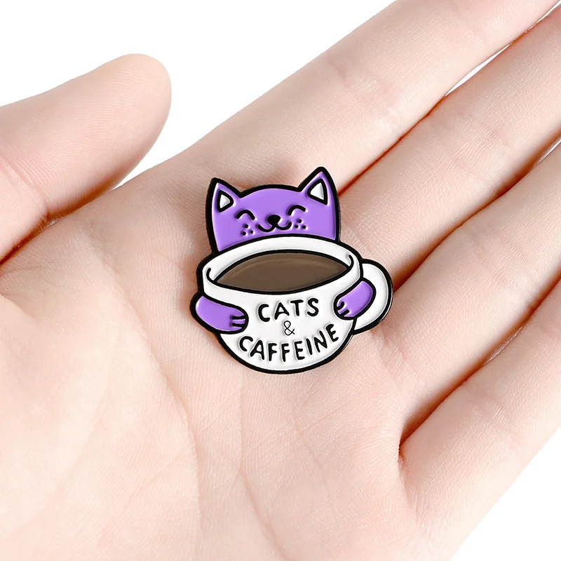 2020 cute cat &amp coffee cup enamel pin custom animal brooch and caffeine badge bag lapel buckle jewelry gift to friend | Украшения и