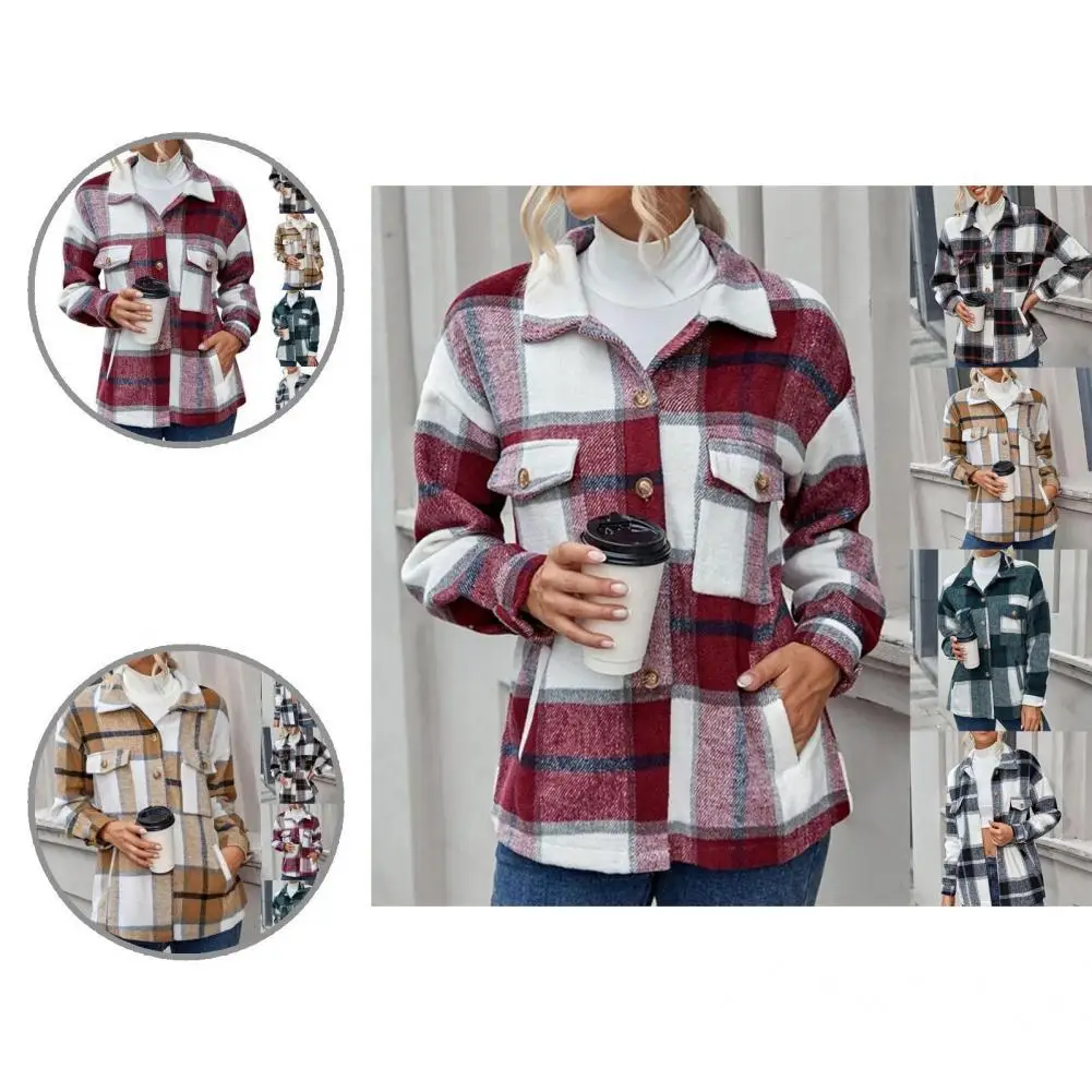 

Skin-Touch Stylish Plaid Print Buttons Down Shirt Jacket Long Sleeve Shirt Jacket Side Pockets for Date