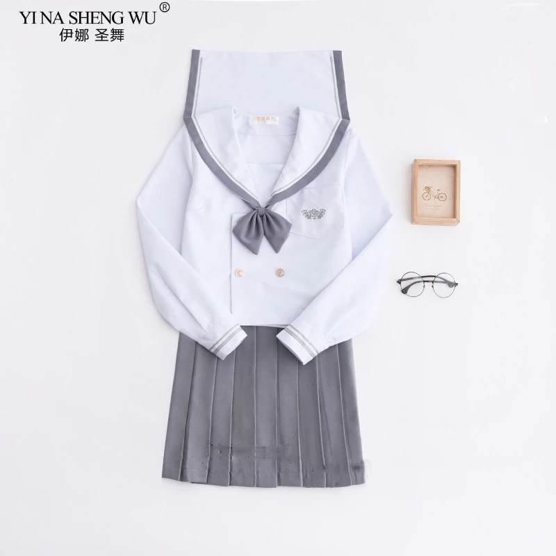 

Freah White Gray JK Uniforms Janpanese High School Students Uniforms JK Sailor Pleated Skirt Set Girls Anime Cosplay Costumes