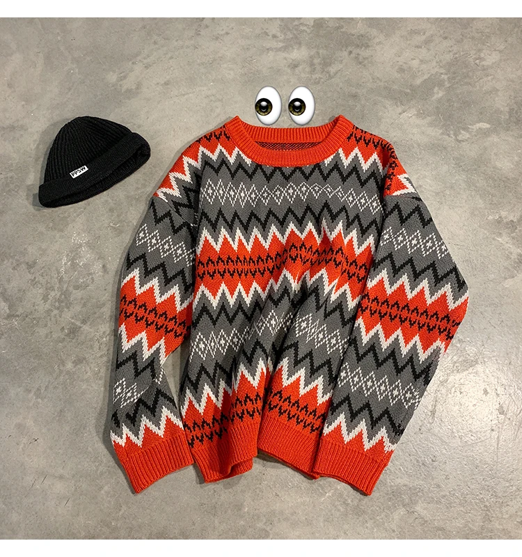 Sweater Men's Warm Fashion Contrast Color Casual Retro O-neck Knit Pullover Men Loose Knitting Sweaters Male Sweter Clothes