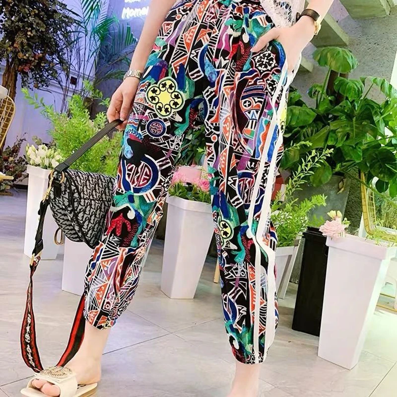 Casual Pants Loose Flower Print Women Bouquet Feet Summer Sports Pants Anti-mosquito Lantern Nine Points Harlan Carrot Pants New