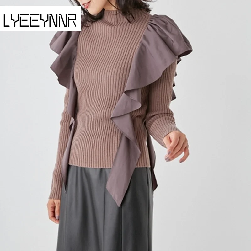 

Ruffles Patchwork Pullover Jumpers Half Turtleneck Long Sleeve Elegant Sweater Women Fashion Slim Fit Knitted Pull Femme Hot