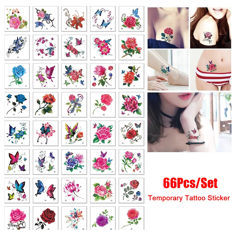 

66Pcs Flower Body Art Temporary Tattoos Butterfly Floral Reindeer Letter Fake Tattoos Back Tattoos Stickers For Women Girls