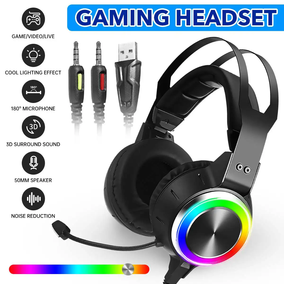 

New Gaming Headsets Surround Sound Stereo Wired Earphones USB Microphone Colorful Light Breathing Light PC Laptop Game Headset