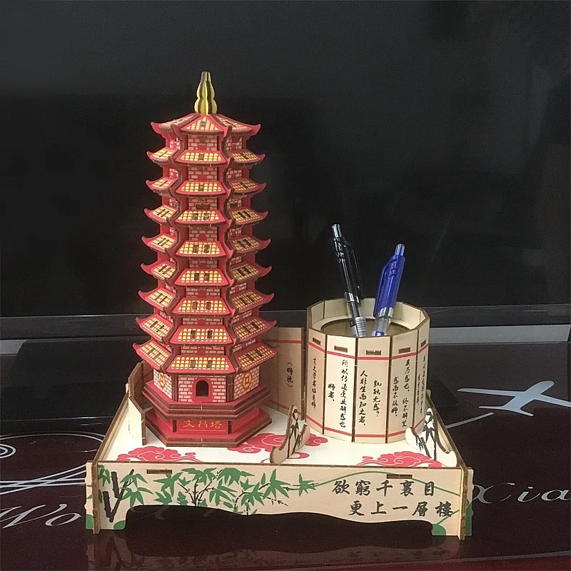 wooden 3D building model toy puzzle woodcraft construction kit Chinese ancient Wenchang tower build pen holder pencil container | Игрушки и