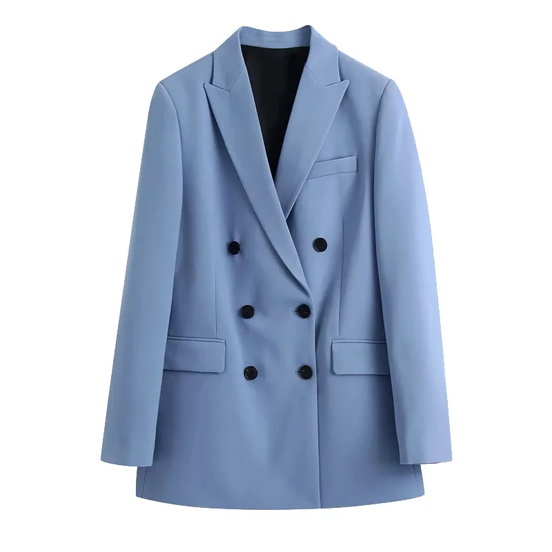 

2022 Women Fashion Double Breasted Loose Fitting Blazer Coat Vintage Long Sleeve Pockets Female Outerwear Chic Veste Femme