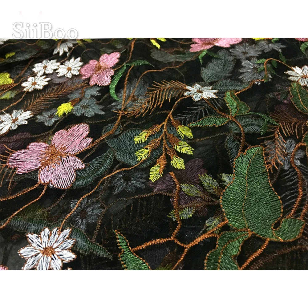Черная сетчатая кружевная ткань с цветочной вышивкой для свадебного платья tela