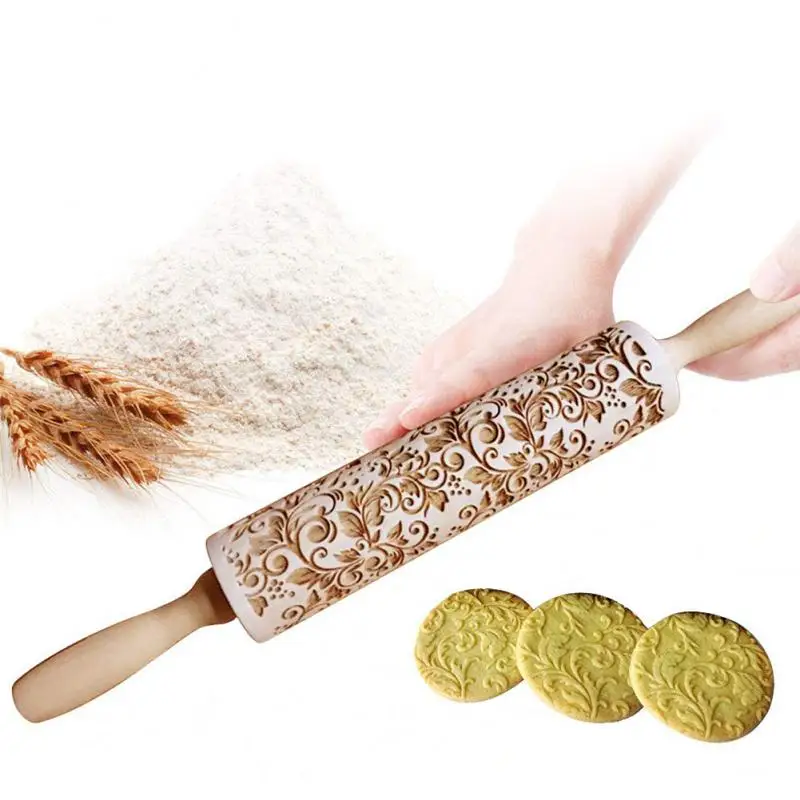 На палочке деревянная ручка Рождество тиснение Скалка Выгравированные выпечки