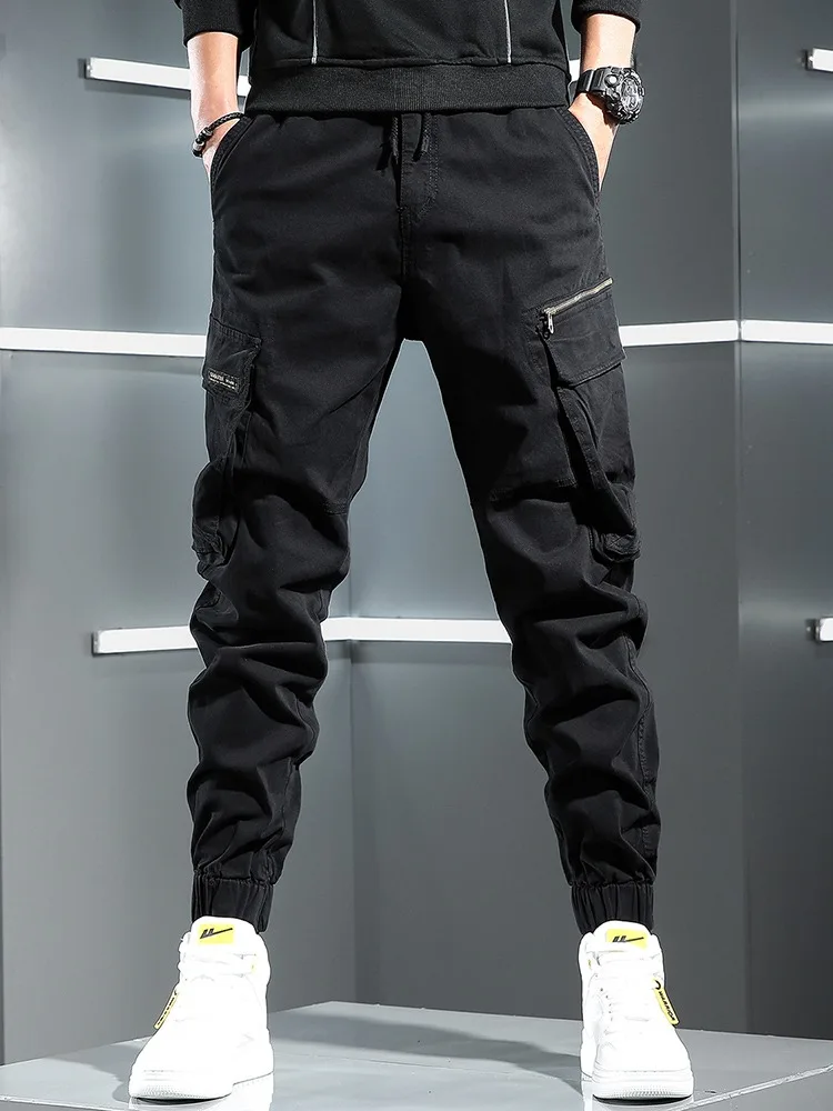 

Autumn New Black Cargo Pants Men Streetwear Hip Hop Mens Stretch Drawstring Joggers Trousers Man Cotton Big Pockets Casual Pants
