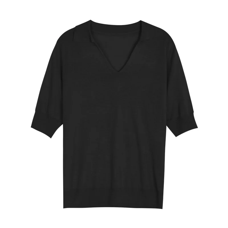 

Solid Color Lapel Thin 5-point Sleeve Knitted Sweater Women's 2020 Summer Korean-Style Loose Versatile Woolen Temperament Shirt