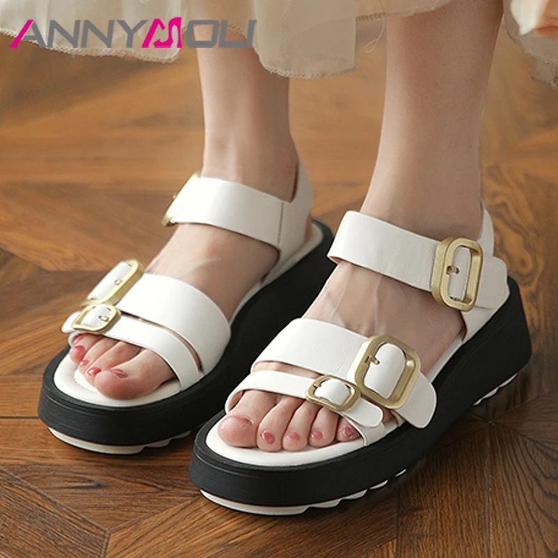 

ANNYMOLI Women Shoes Real Leather Sandals Flat Platform Buckle Sandals Square Toe Cow Leather Ladies Footwear Summer Black 2021