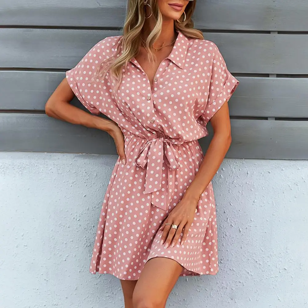 

Polka Dot Print Woman Dress Summer Short Sleeve Lapel Dress for Women Sexy Party Dress Knee-Length A-Line Dress vestidos mujer
